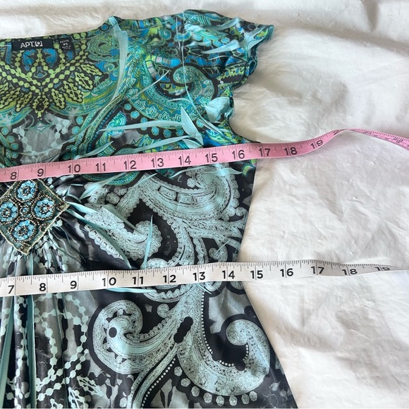 Y2K Green Paisley Butterfly Fairy Flutter Dress Sz P Small Beaded V-neck APT 9 - Picture 12 of 12